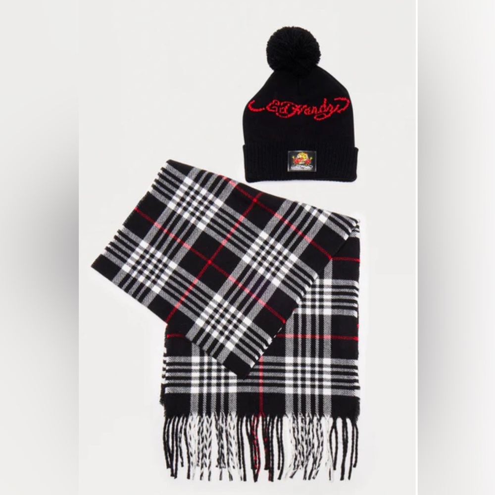 Ed Hardy Black and White Plaid Scarf with Black Beanie
